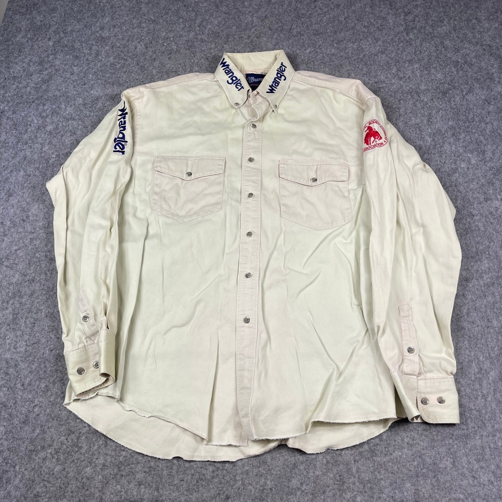 VTG Wrangler Western Shirt Mens Large Cream Embroidered NRA Rodeo Patch